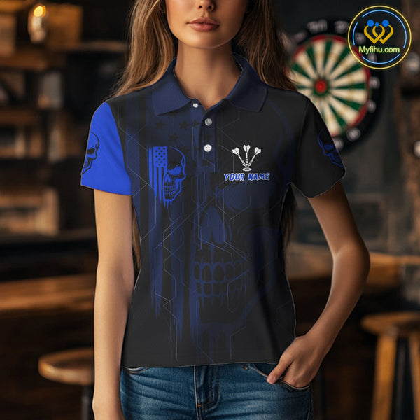 Custom Blue Skull Flame Dartboard Dart Polo Shirts For Women, Halloween Dart Jersey NYN0704