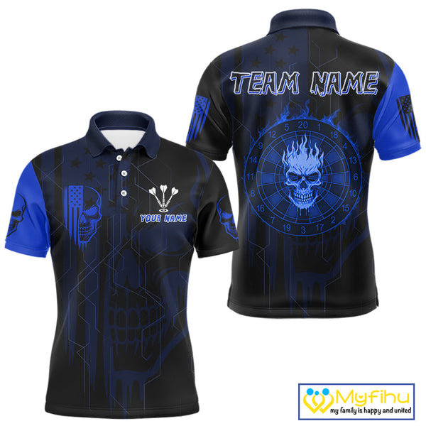 Custom Blue Skull Flame Dartboard Dart Polo Shirts For Men, Halloween Dart Jersey NYN0704