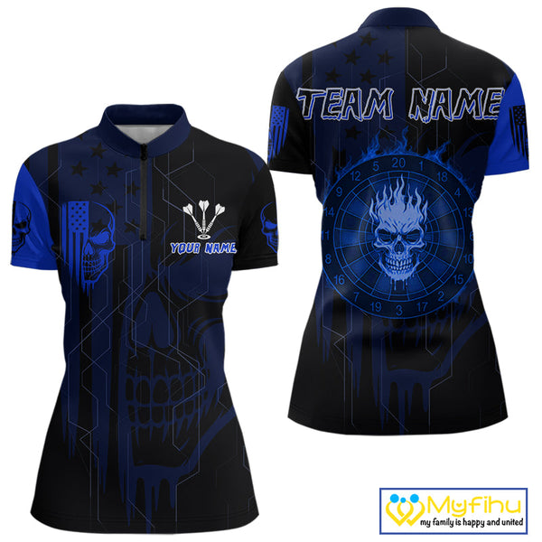Custom Blue Skull Flame Dartboard Dart Quarter-Zip Shirts For Women, Halloween Dart Jersey NYN0704