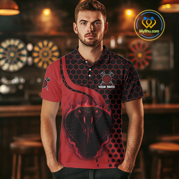 Custom Black And Red Flame Cobra Snake Darts Team Polo Shirts For Men, Dart Jerseys NYN0093