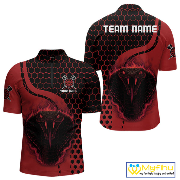 Custom Black And Red Flame Cobra Snake Darts Team Quarter-Zip Shirts For Men, Dart Jerseys NYN0093