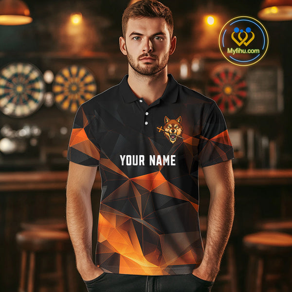 Custom Black And Orange Polygon Pattern Wolf Dart Team Men Polo Shirts, Dart League Shirt NYN0099