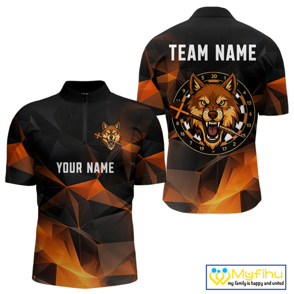 Custom Black And Orange Polygon Pattern Wolf Dart Team Men Quarter-Zip Shirts, Dart League Shirt NYN0099