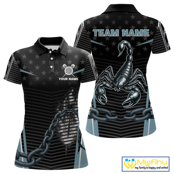 Custom US Flag Scorpion Dart Team Women Polo Shirts, Patriotic Dart Team Jerseys NYN0454