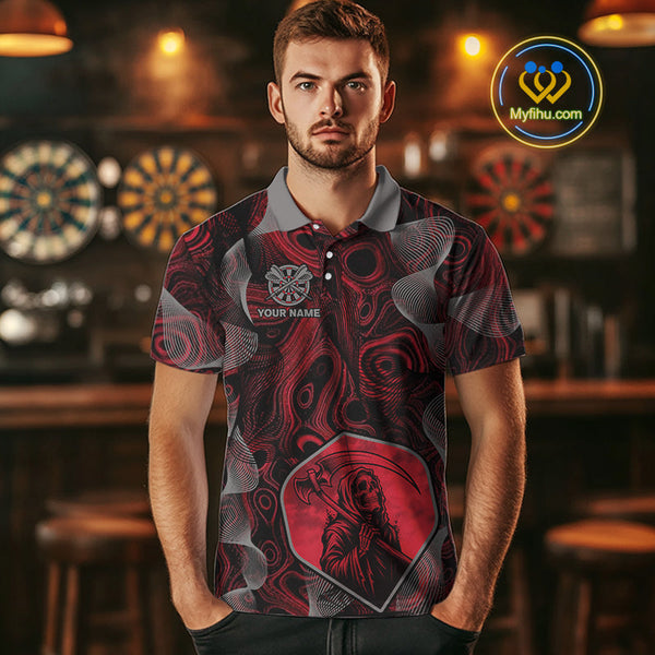 Custom Black And Red Camouflage Dart Grim Reaper Polo Shirt For Men, Dart Jerseys NYN0460