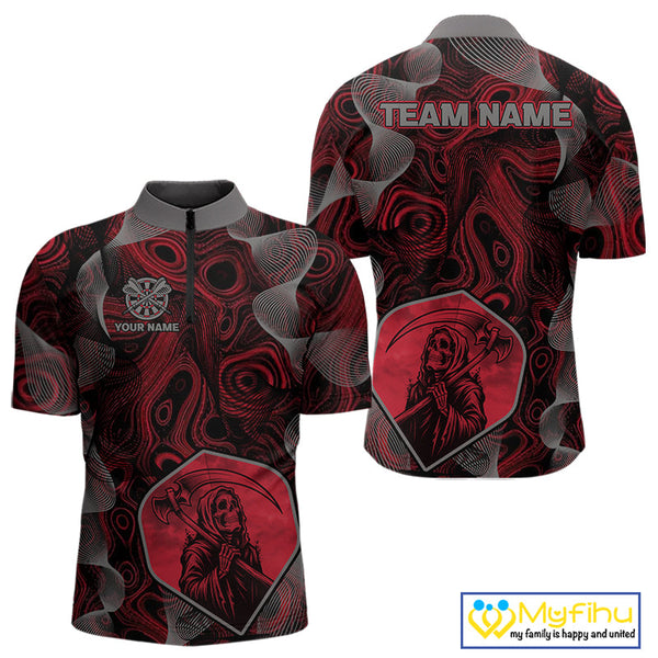 Custom Black And Red Camouflage Dart Grim Reaper Quarter-Zip Shirt For Men, Dart Jerseys NYN0460