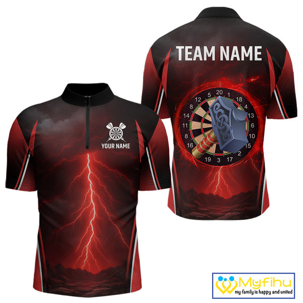 Custom Red Thunder Lightning Hammer Dartboard Dart Men Quarter-Zip Shirt, Dart Jerseys NYN0705