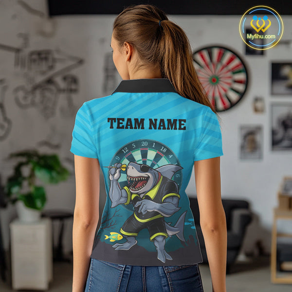 Custom Aqua Blue Shark Dartboard Dart Team Polo Shirts For Women, Dart Jerseys NYN0706