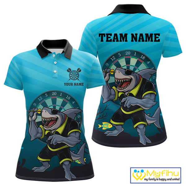Custom Aqua Blue Shark Dartboard Dart Team Polo Shirts For Women, Dart Jerseys NYN0706