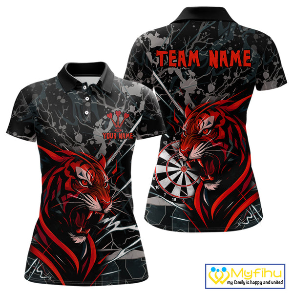 Custom Black And Red Tiger Dart Polo Shirts For Women, Tiger Dart League Shirt NYN0711