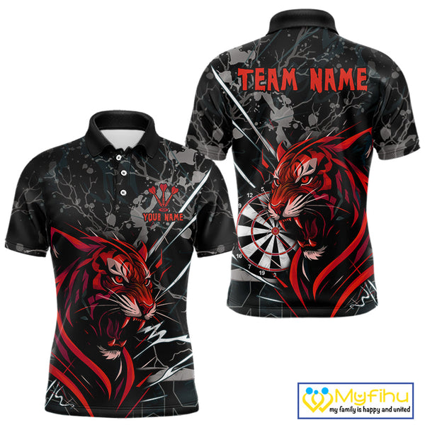 Custom Black And Red Tiger Dart Polo Shirts For Men, Tiger Dart League Shirt NYN0711