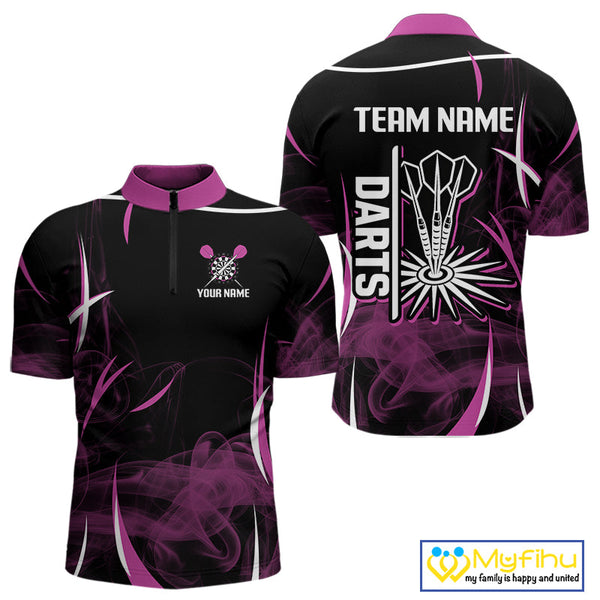 Custom Black And Purple Smoke Dart Team Men Quarter-Zip Shirts, Dart League Shirt NYN0104