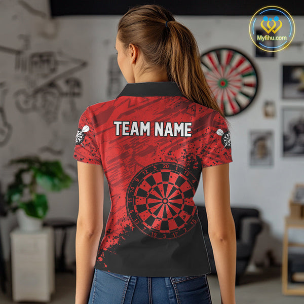 Custom Black And Red Grunge Dartboard Dart Tournament Women Polo Shirts, Dart Team Shirt NYN0108