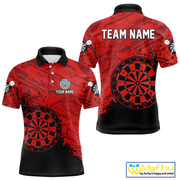 Custom Black And Red Grunge Dartboard Dart Tournament Polo Shirts For Men, Dart Team Shirt NYN0108