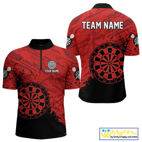 Custom Black And Red Grunge Dartboard Dart Tournament Quarter-Zip Shirts For Men, Dart Team Shirt NYN0108