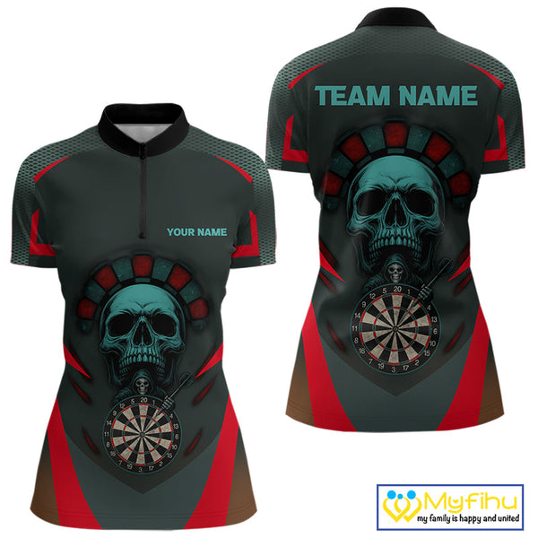 Custom Grim Reaper Skull Dart Quarter-Zip Shirt For Women, Halloween Dart Team Outfit NYN0463
