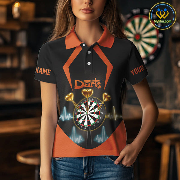 Custom Orange Flame Dart Polo Shirts For Women, Golden Hearts Darts Jerseys NYN0724