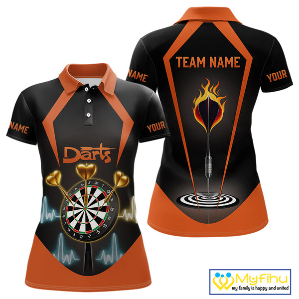 Custom Orange Flame Dart Polo Shirts For Women, Golden Hearts Darts Jerseys NYN0724