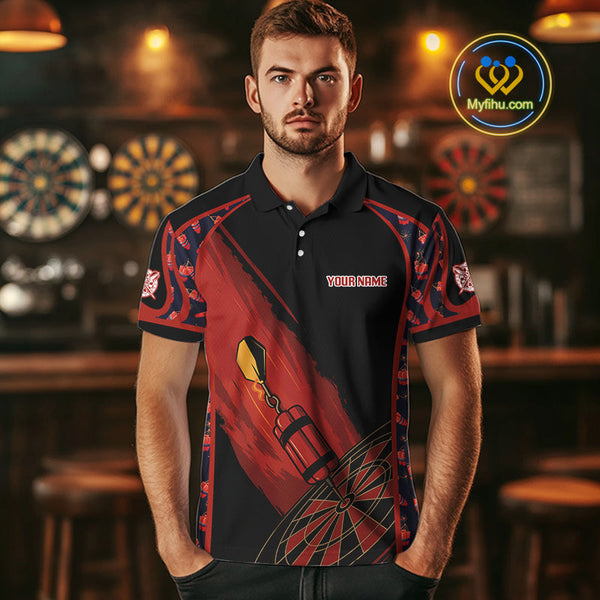 Custom Black And Red Darts Exploding Dart Team Polo Shirts For Men, Dart Tournament Shirt NYN0114