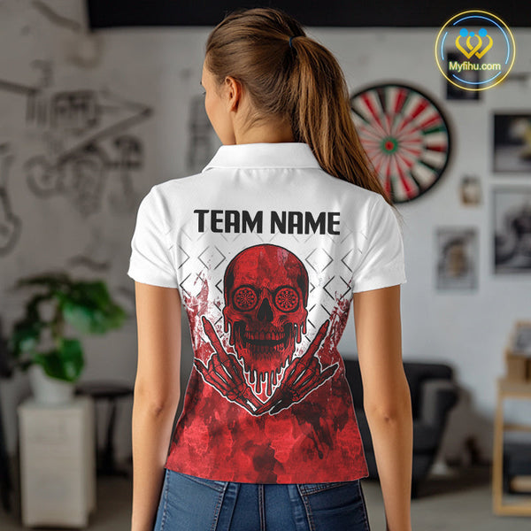 Custom Grunge White And Red Skull Dart Team Polo Shirts For Women, Halloween Dart Outfit NYN0117