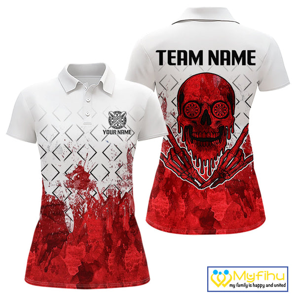 Custom Grunge White And Red Skull Dart Team Polo Shirts For Women, Halloween Dart Outfit NYN0117