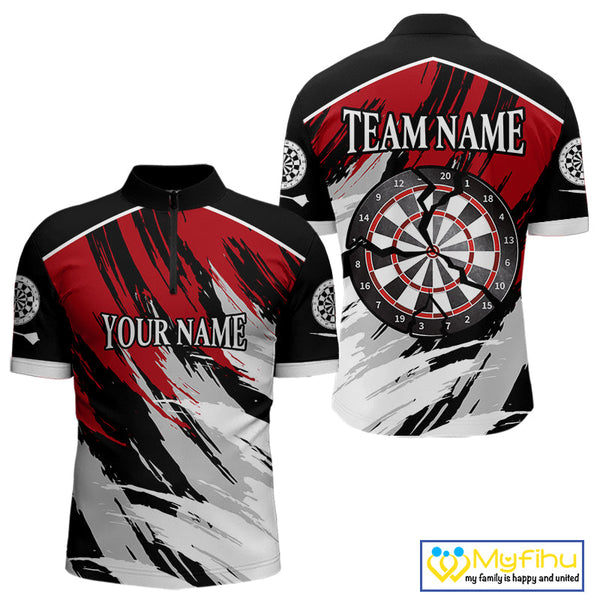 Custom Black And Red Camo Dart Team Men Quarter-Zip Shirts, Dart Tournament Shirt NYN0233