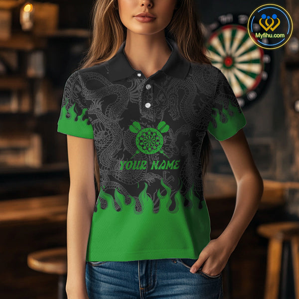 Custom Black And Green Fire Flame Dartboard Dragon Dart Team Women Polo Shirt, Dart Jersey NYN0235