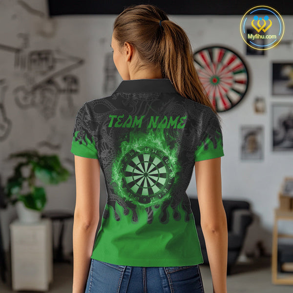 Custom Black And Green Fire Flame Dartboard Dragon Dart Team Women Polo Shirt, Dart Jersey NYN0235