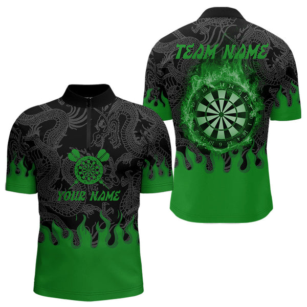 Custom Black And Green Fire Flame Dartboard Dragon Dart Team Men Quarter-Zip Shirts, Dart Jersey NYN0235