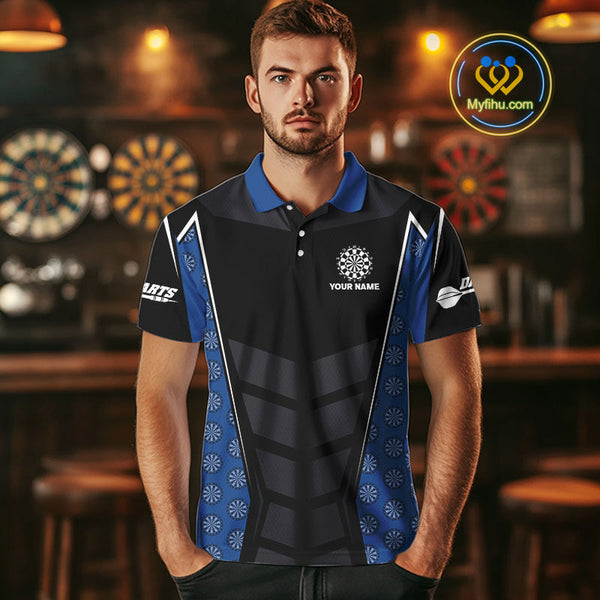 Custom Black And Blue Dartboard Pattern Smoke Skull Dart Team Polo Shirt For Men NYN0484