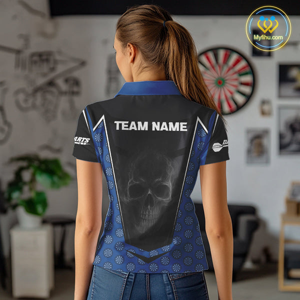 Custom Black And Blue Dartboard Pattern Smoke Skull Dart Team Polo Shirt For Women NYN0484