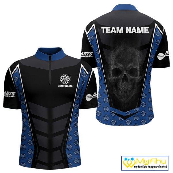 Custom Black And Blue Dartboard Pattern Smoke Skull Dart Team Quarter-Zip Shirt For Men NYN0484