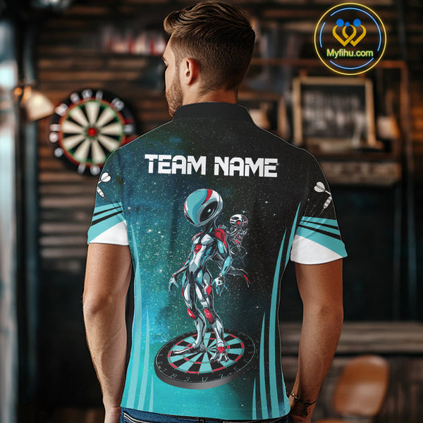 Custom Black And Blue Galaxy Alien Dart Team Polo Shirts For Men, Dart Jerseys NYN0239