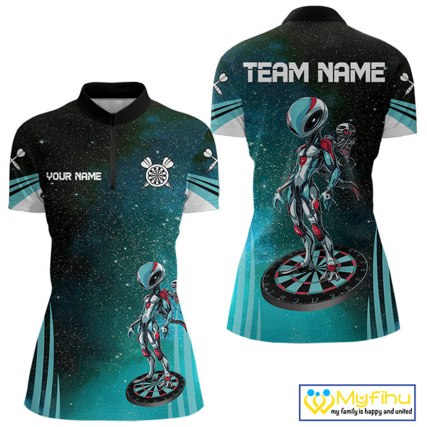 Custom Black And Blue Galaxy Alien Dart Team Quarter-Zip Shirts For Women, Dart Jerseys NYN0239