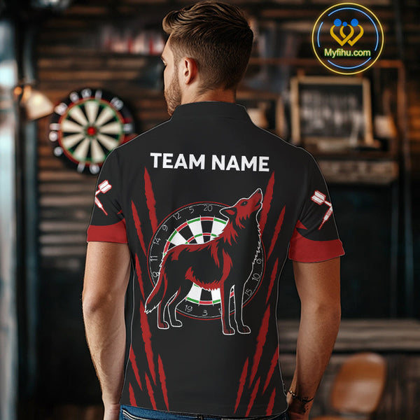 Custom Black And Red Wolf Darts Polo Shirts For Men, Dart Tournament Team Shirt NYN0241