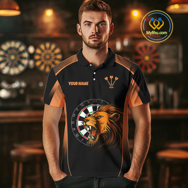 Custom Black And Orange Lion Darts Polo Shirts For Men, Dart Team Jerseys NYN0242