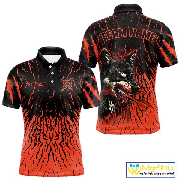 Custom Black And Orange Wolf Dart Team Polo Shirts For Men, Wolf Dart Jerseys NYN0243