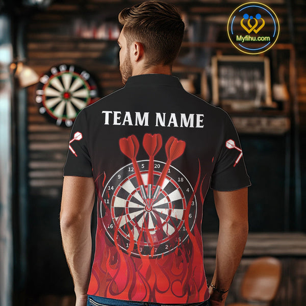 Custom Black And Red Flame Dart Jerseys, Dart Tournament Polo Shirts For Men NYN0244
