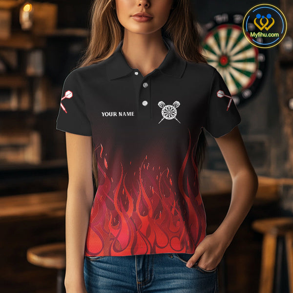 Custom Black And Red Flame Dart Jerseys, Dart Tournament Polo Shirts For Women NYN0244