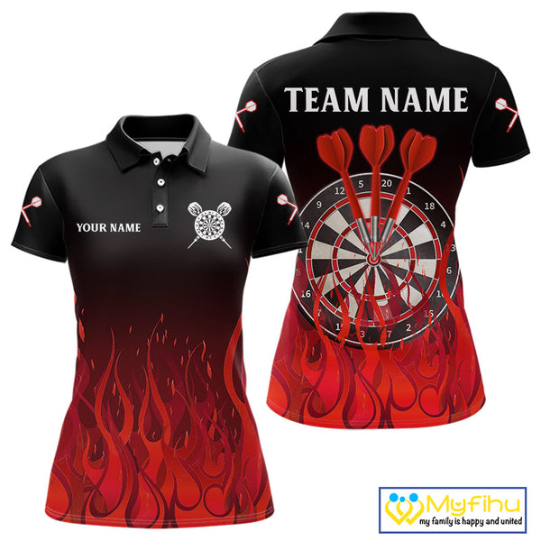Custom Black And Red Flame Dart Jerseys, Dart Tournament Polo Shirts For Women NYN0244