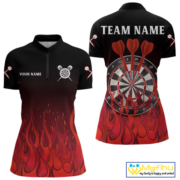 Custom Black And Red Flame Dart Jerseys, Dart Tournament Quarter-Zip Shirts For Women NYN0244