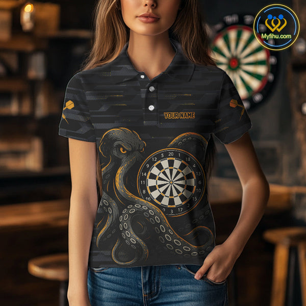 Custom Black And Yellow Octopus Dart Team Polo Shirt For Women, Dart Jerseys NYN0490