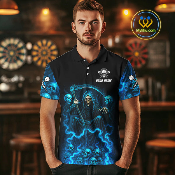 Custom Blue Lightning Grim Reaper Skull Dart Men Polo Shirt, Halloween Dart Outfit NYN0507
