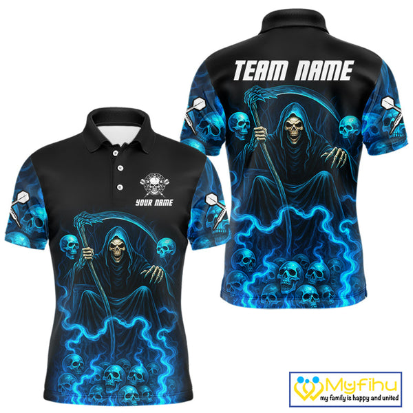 Custom Blue Lightning Grim Reaper Skull Dart Men Polo Shirt, Halloween Dart Outfit NYN0507
