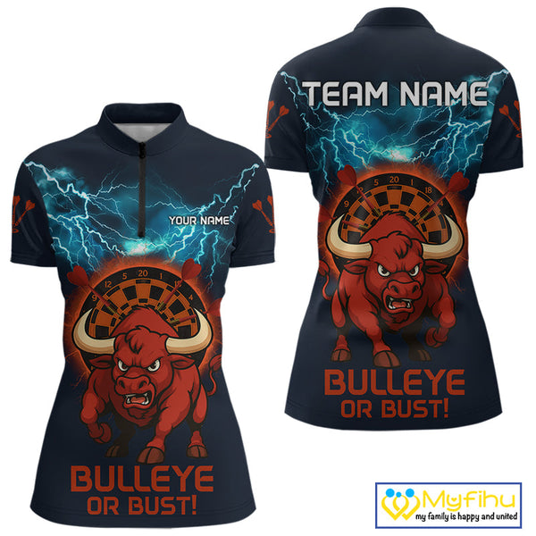 Custom Blue Thunder Lightning Bulleye Or Bust Dart Women Quarter-Zip Shirts, Dart Jerseys NYN0262