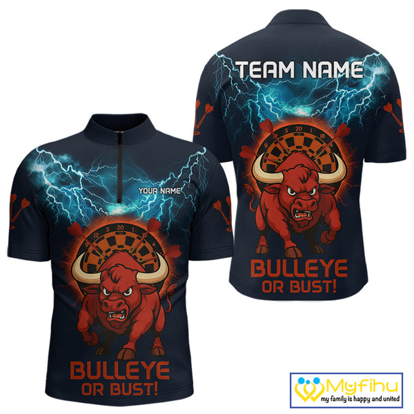 Custom Blue Thunder Lightning Bulleye Or Bust Dart Team Men Quarter-Zip Shirts, Dart Jerseys NYN0262