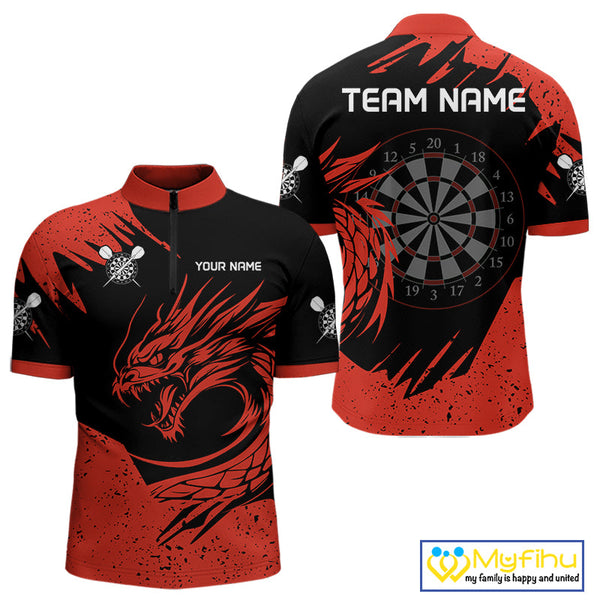 Custom Black And Red Dragon Darts Jerseys, Dart Team Men Quarter-Zip Shirts Dart League Shirt NYN0271