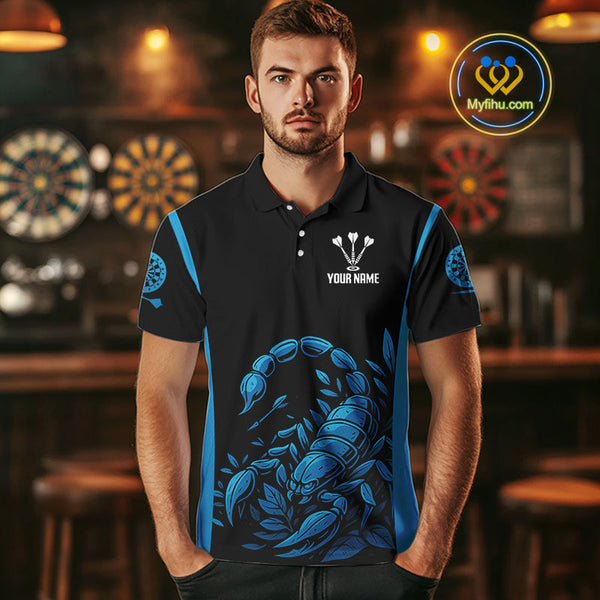 Custom Black And Blue Scorpion Dart Team Polo Shirts For Men, Dart League Shirt NYN0274