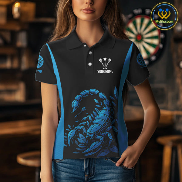 Custom Black And Blue Scorpion Dart Team Polo Shirts For Women, Dart League Shirt NYN0274