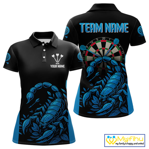 Custom Black And Blue Scorpion Dart Team Polo Shirts For Women, Dart League Shirt NYN0274